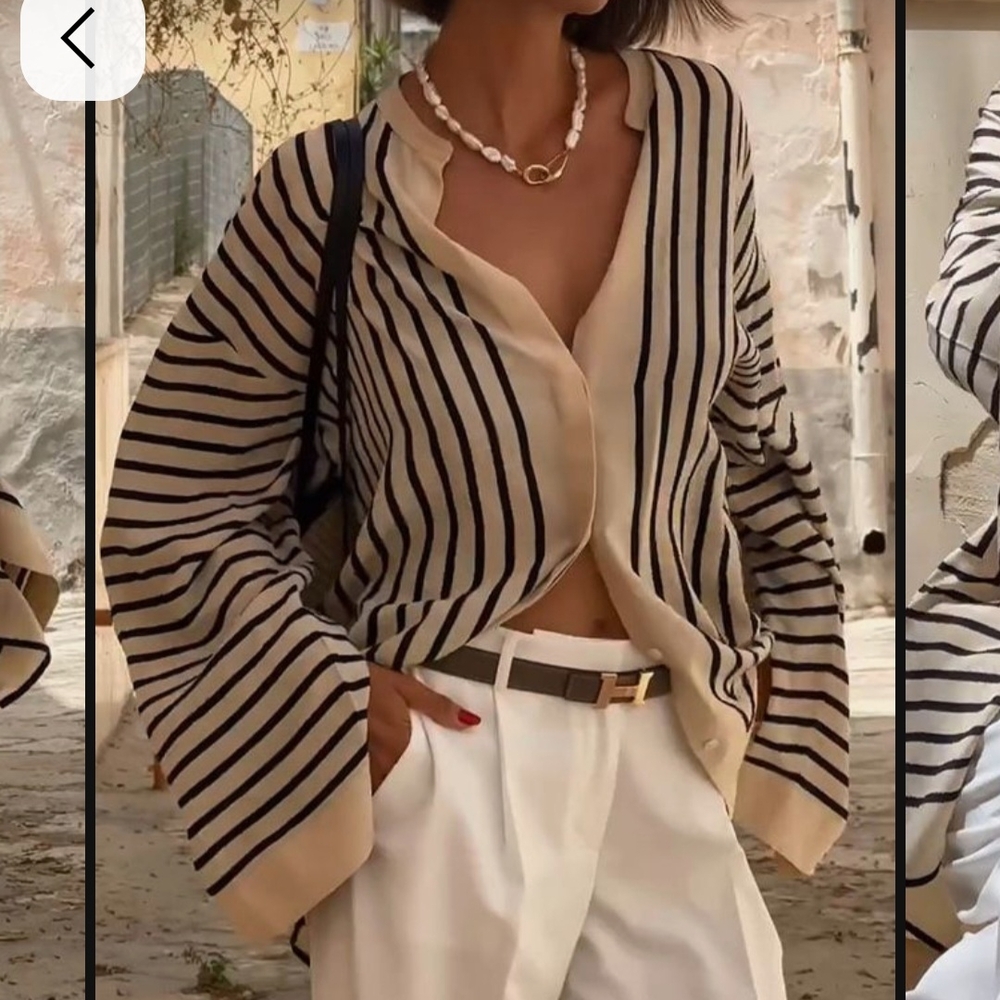 Cream and Black Striped Blouse with Cropped Design